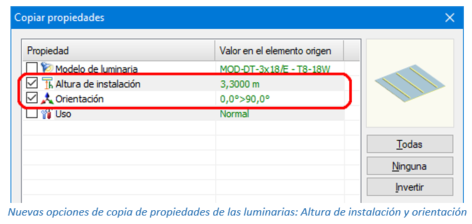 Nuevas opciones de copia de propiedades de las luminarias: Altura de instalación y orientación