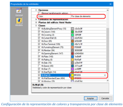 Configuración de la representación de colores y transparencia por clase de elemento