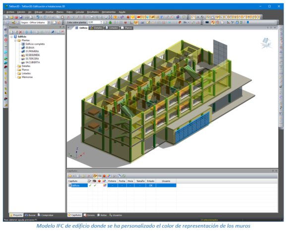 Modelo IFC de edificio donde se ha personalizado el color de representación de los muros