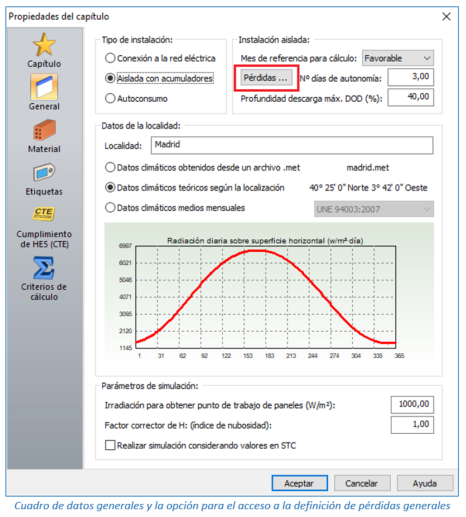 Cuadro de datos generales y la opción para el acceso a la definición de pérdidas generales