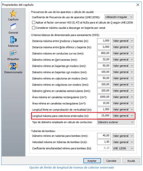 Opción de límite de longitud de tramos de colector enterrado 