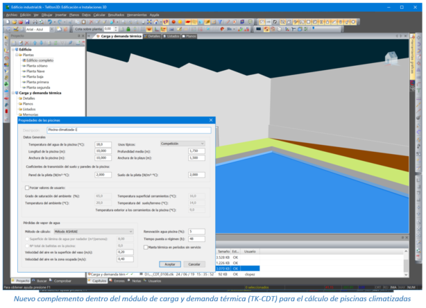 Nuevo complemento dentro del módulo de carga y demanda térmica (TK-CDT) para el cálculo de piscinas climatizadas