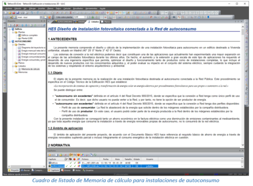 Cuadro de listado de Memoria de cálculo para instalaciones de autoconsumo