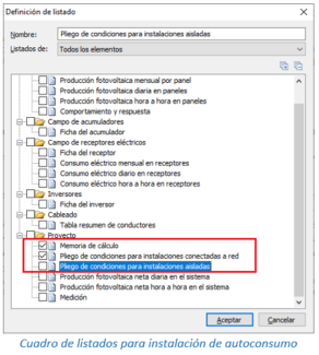 Cuadro de listados para instalación de autoconsumo