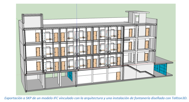 Exportación a SKP de un modelo IFC vinculado con la arquitectura y una instalación de fontanería diseñada con TeKton3D.