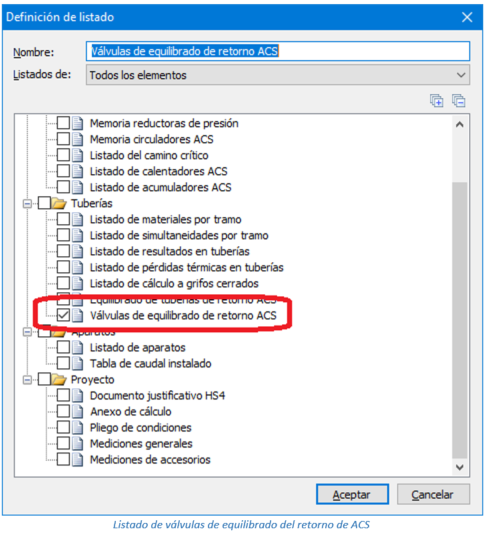 Listado de válvulas de equilibrado del retorno ACS