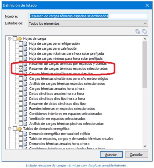 Listado resumen de cargas térmicas con desglose sensible/latente