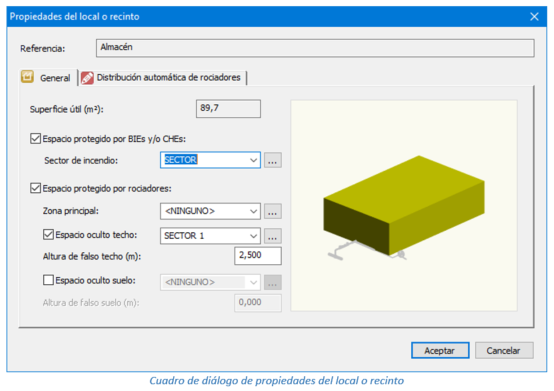 Cuadro de diálogo de propiedades del local o recinto