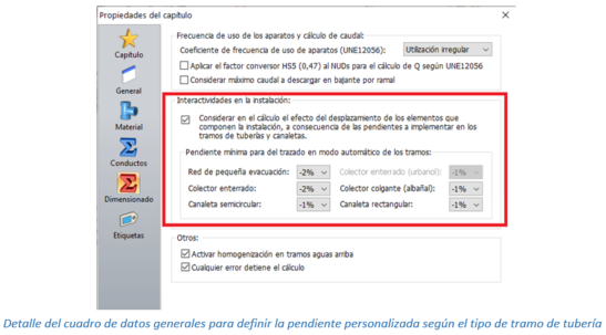 Detalle del cuadro de datos generales para definir la pendiente personalizada según el tipo de tramo de tubería