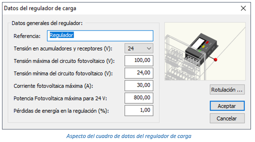 Aspecto del cuadro de datos del regulador de carga