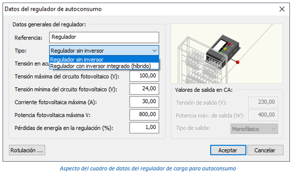 Aspecto del cuadro de datos del regulador de carga para autoconsumo