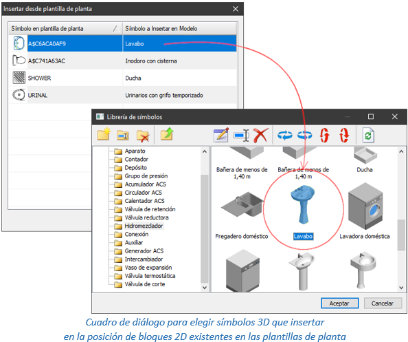 Cuadro de diálogo para elegir símbolos 3D que insertar  en la posición de bloques 2D existentes en las plantillas de planta