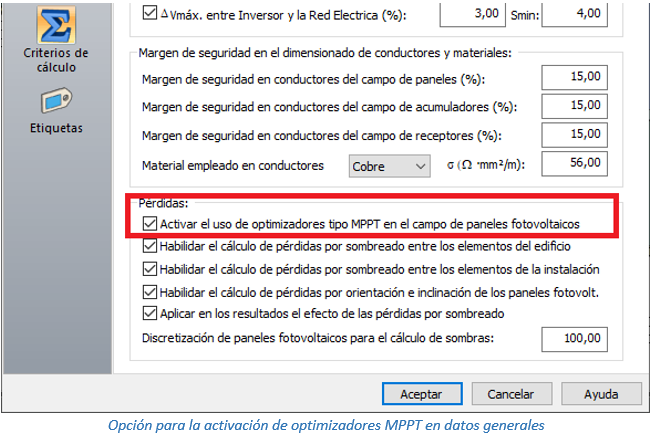 Opción para la activación de optimizadores MPPT en datos generales