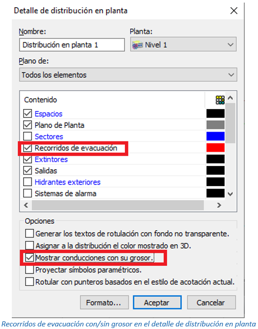 Recorridos de evacuación con/sin grosor en el detalle de distribución en planta