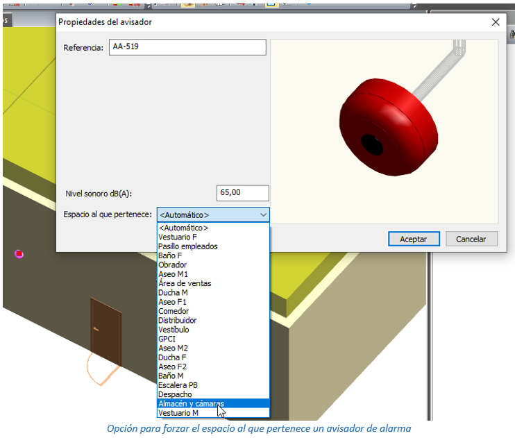 Opción para forzar el espacio al que pertenece un avisador de alarma