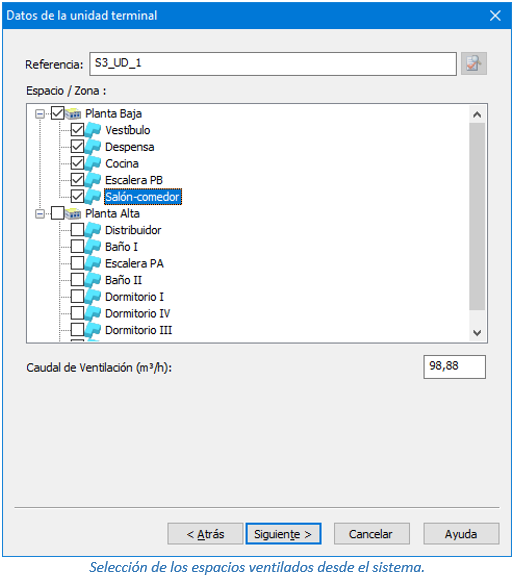 Selección de los espacios ventilados desde el sistema