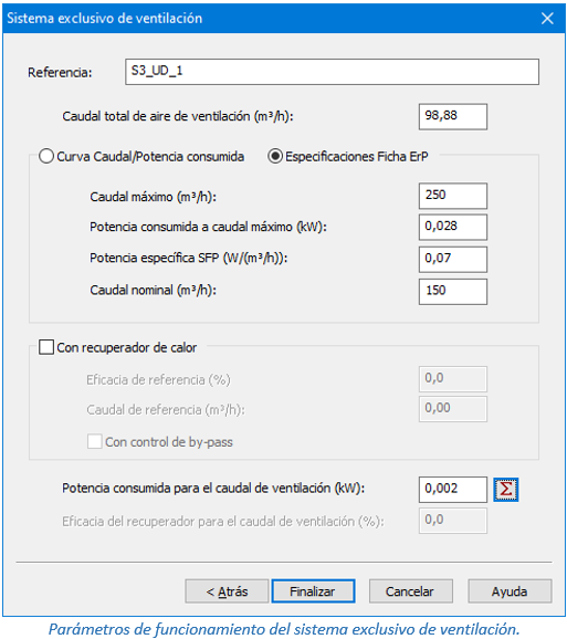 Parámetros de funcionamiento del sistema exclusivo de ventilación
