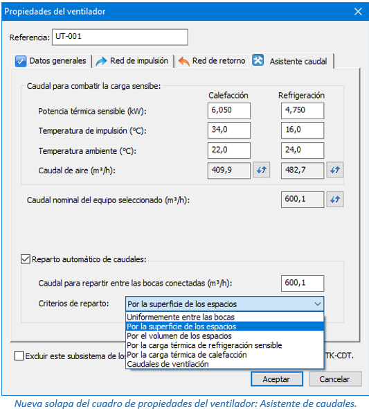 Nueva solapa del cuadro de propiedades del ventilador: Asistente de caudales