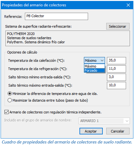 Cuadro de propiedades del armario de colectores de suelo radiante