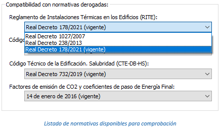 Listado de normativas disponibles para comprobación