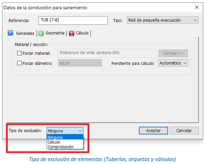 Tipo de exclusión de elementos (Tuberías, arquetas y válvulas)