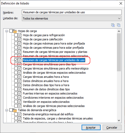 Nuevo listado de cargas térmicas por unidad de uso