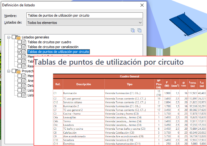 Nuevo listado de puntos de utilización por circuito y cuadro