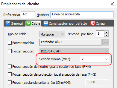 Opción para forzar sección mínima para un circuito