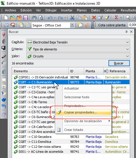 Copia de propiedades de circuitos y aparamenta en la solapa de buscar