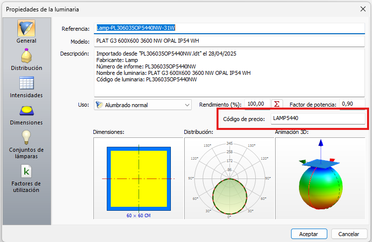 Código de precio en la base de datos de luminarias