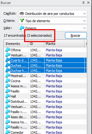 Información de los elementos seleccionados