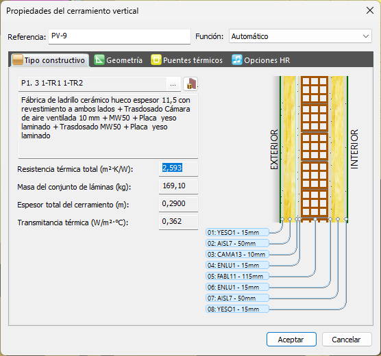 Propiedades de un cerramiento vertical