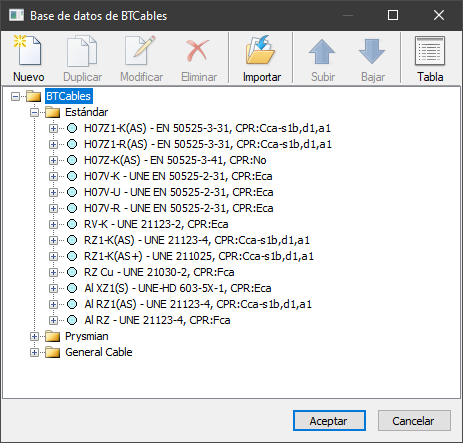 Base de datos de tipos de cable