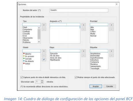 Cuadro de diálogo de configuración de opciones del panel BCF