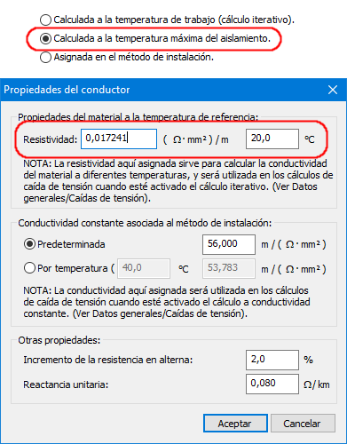 Conductividad calculada a la temperatura mxima del aislamiento