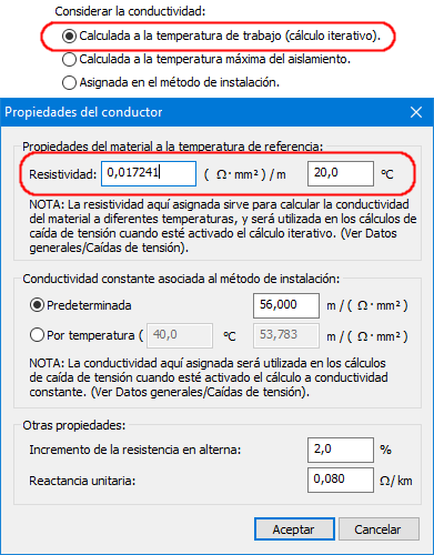 Conductividad calculada a la temperatura de trabajo