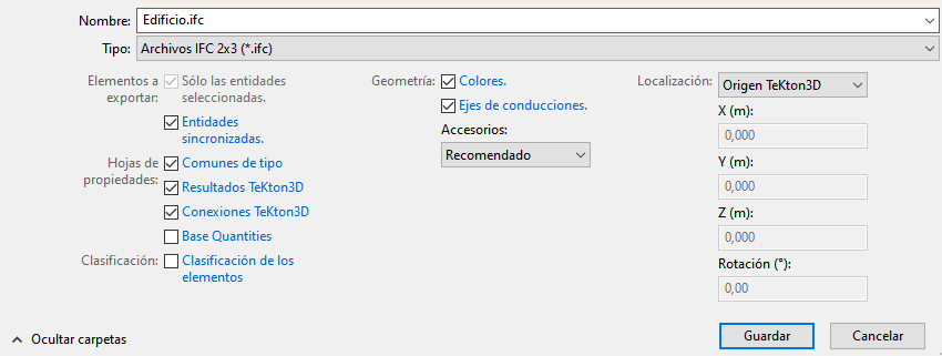 Opciones exportar IFC
