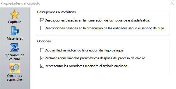 Datos generales, opciones especiales.