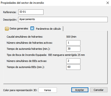 Opciones de clculo Sector de incendios