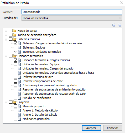 Listados dimensionamiento