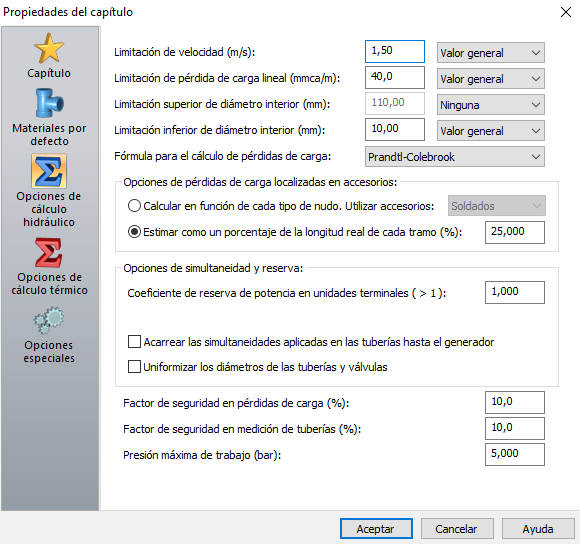 Opciones de clculo hidrulico