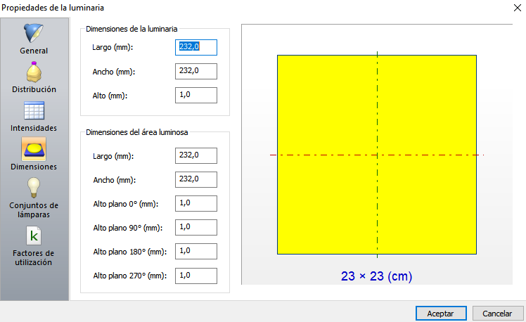 Dimensiones de la luminaria