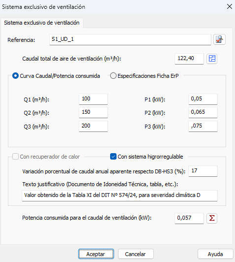 Curva caudal/potencia del ventilador
